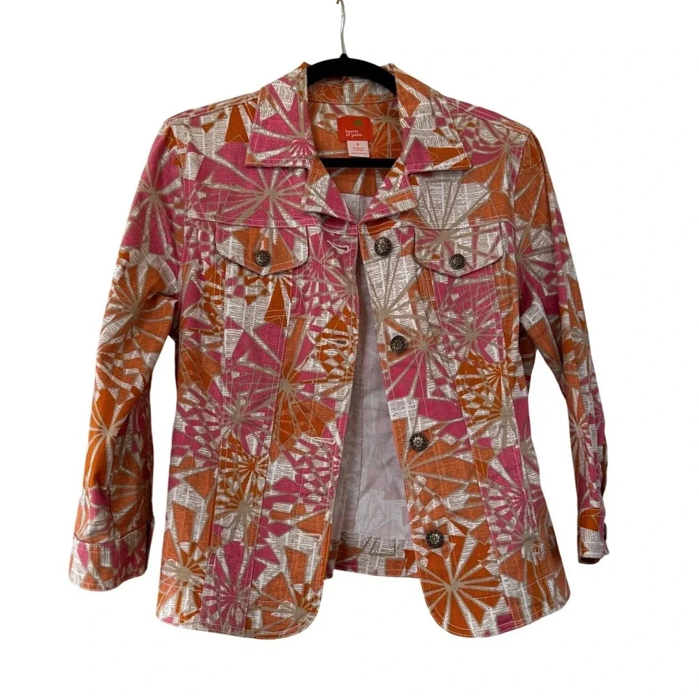 Hearts of Palm Womens Orange Pink‎ Geometric Sunburst Button Up Jacket Size 8